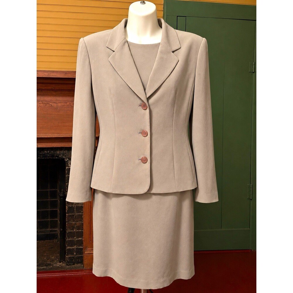 Talbots Petites Pure Silk 2 Piece Dress Jacket Suit Grey Size 12